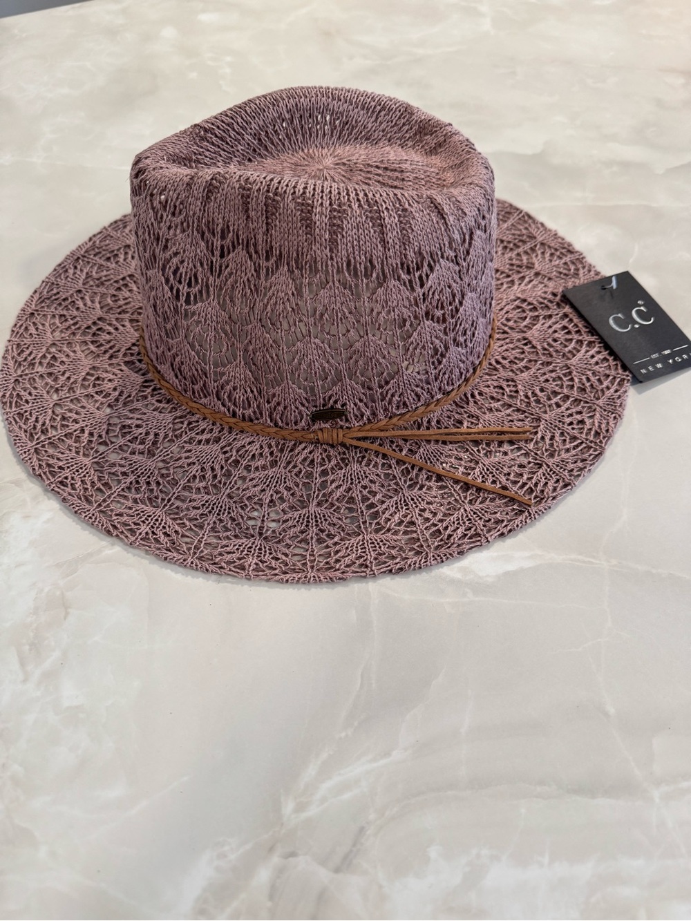 C.C Mauve Open-Weave Sun Hat with Brown Tie